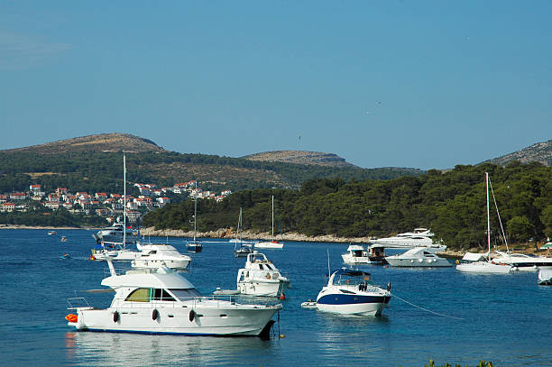 Yachts moored near Pakleni Otoci stock photo