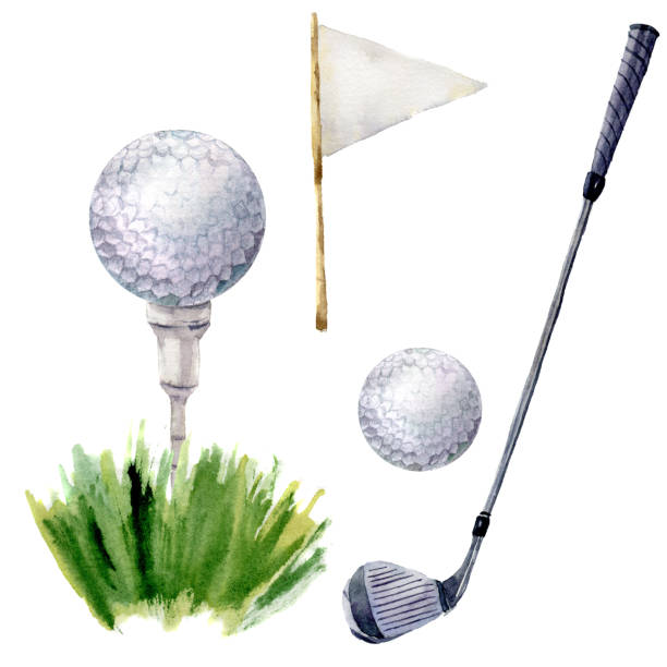 istock Watercolor golf elements set. Golf illustration with tee, golf club, golf ball, flagstick and grass isolated on white background. For design, background or wallpaper 910596080