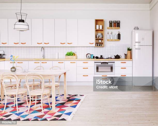 Modern Kitchen Interior Stock Photo - Download Image Now - Kitchen, Refrigerator, Scandinavian Culture
