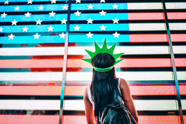 African American woman visiting Times Square in New York City