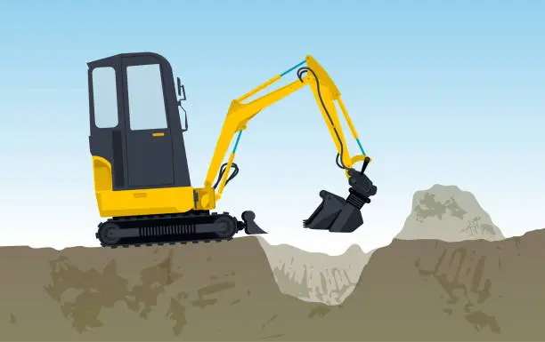 Vector illustration of Yellow excavator digs hole. Vector bagger is excavating, ground works.