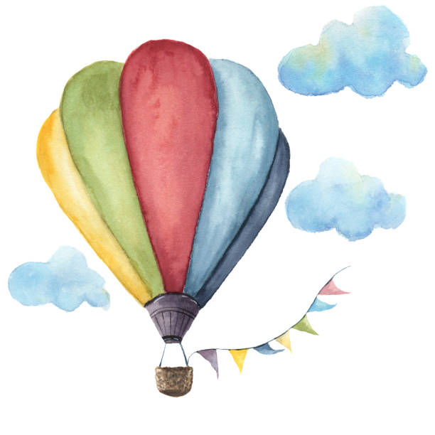 illustrazioni stock, clip art, cartoni animati e icone di tendenza di set di mongolfiere ad acquerello. aerolie vintage disegnate a mano con ghirlande di bandiere, nuvole e design retrò. illustrazioni isolate su sfondo bianco - hot air balloon party carnival balloon