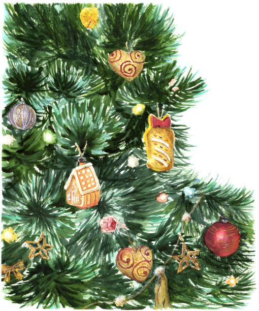 istock Christmas tree with toys. Watercolor illustration for design or background 910600136