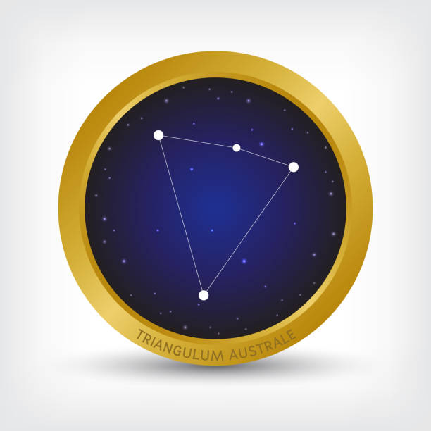 Triangulum Australe constellation in golden circle Triangulum Australe constellation in golden circle, group of star in galaxy, vector illustration constellation cygnus stock illustrations