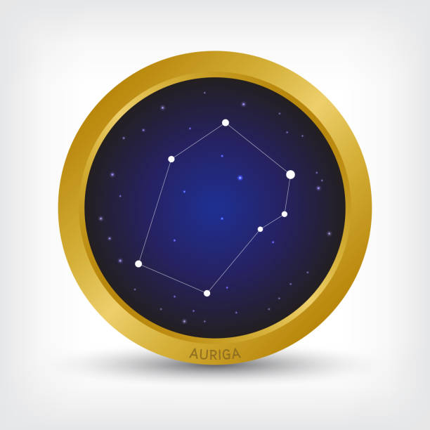 Auriga constellation in golden circle Auriga constellation in golden circle, group of star in galaxy, vector illustration constellation cygnus stock illustrations