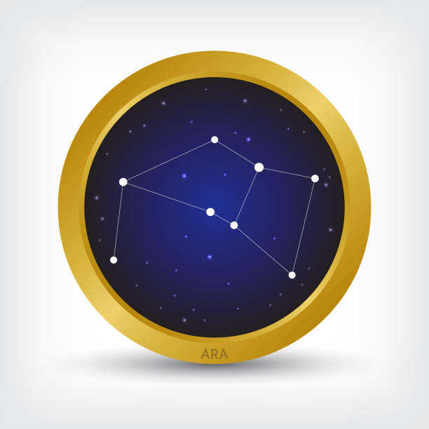 Ara constellation in golden circle Ara constellation in golden circle, group of star in galaxy, vector illustration constellation cygnus stock illustrations