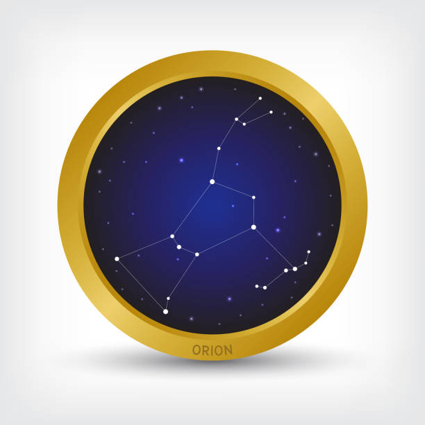 Orion constellation in golden circle Orion constellation in golden circle, group of star in galaxy, vector illustration constellation cygnus stock illustrations