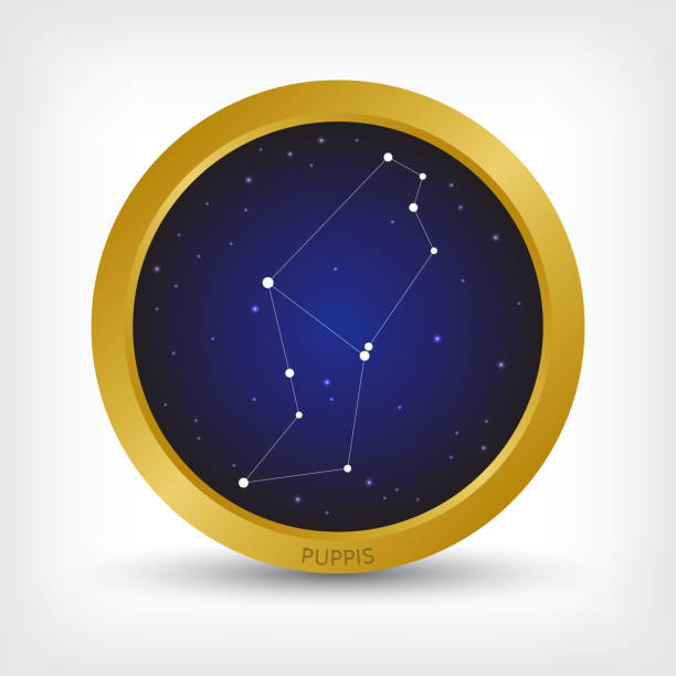 Puppis constellation in golden circle Puppis constellation in golden circle, group of star in galaxy, vector illustration constellation cygnus stock illustrations