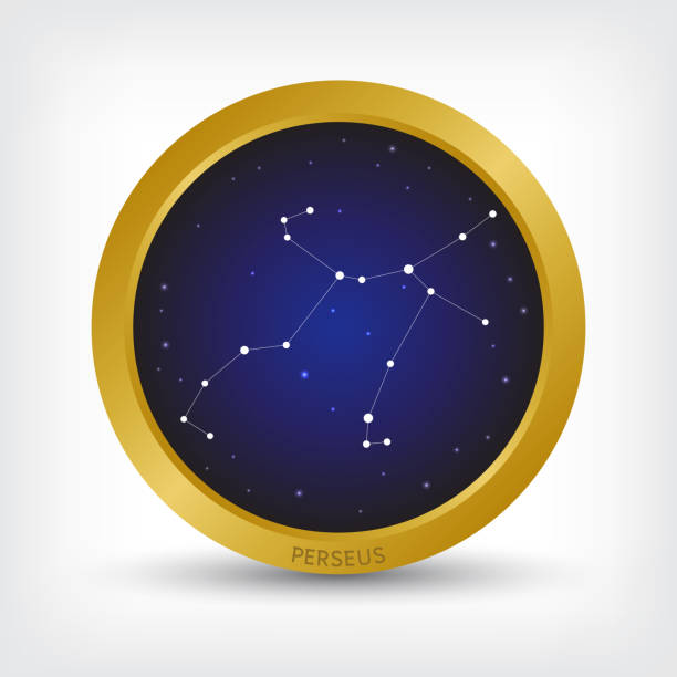 Perseus constellation in golden circle Perseus constellation in golden circle, group of star in galaxy, vector illustration constellation cygnus stock illustrations