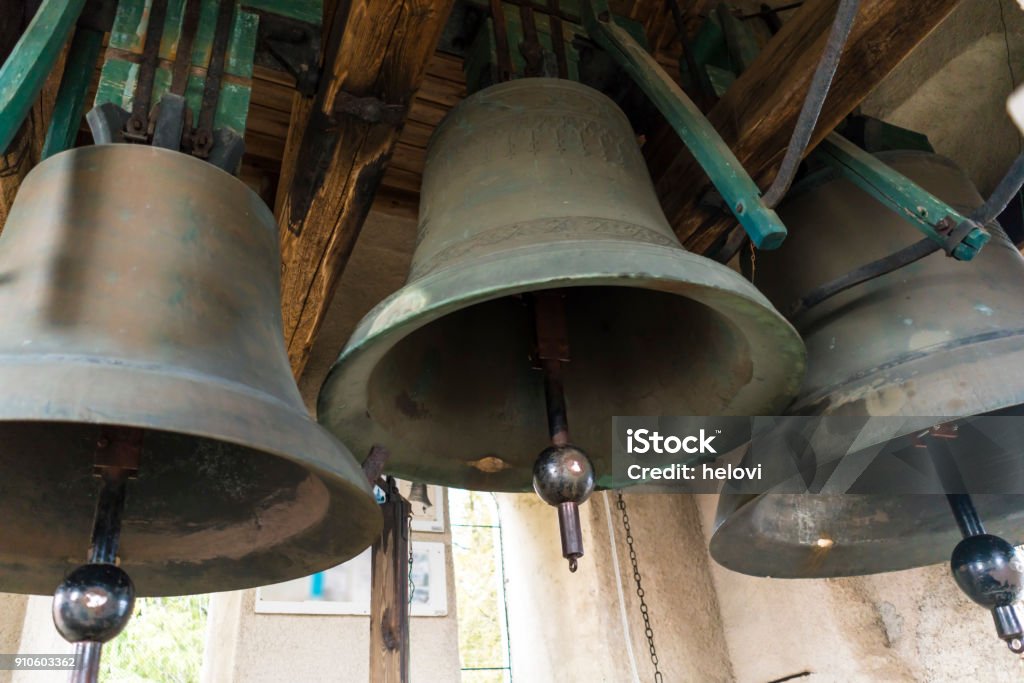 Church bells Three large church bells made of copper. Bell Stock Photo