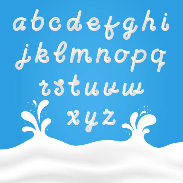 istock Milk font with Latin letters. White milk hand drawn alphabet with liquid letters on background with milk splashes 910605864