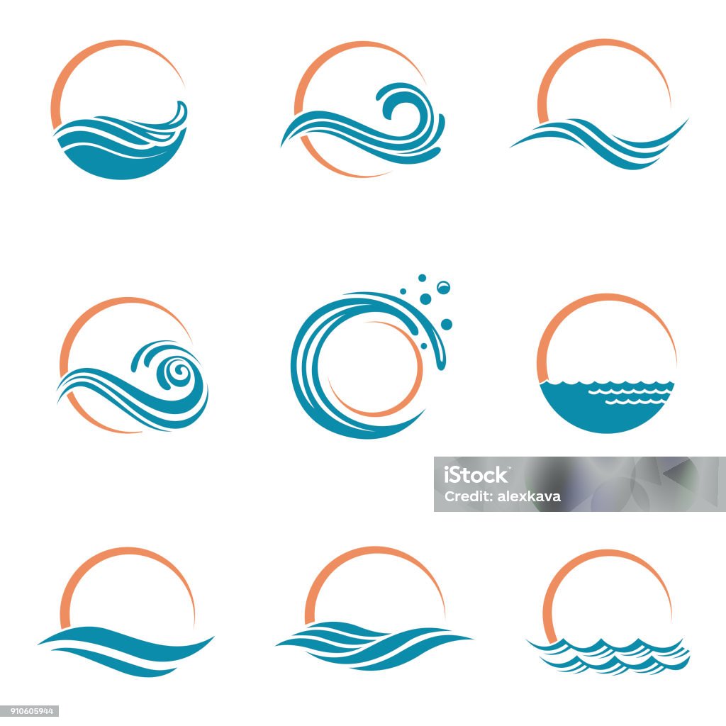 sun and sea icons abstract collection of sun and sea icons Wave - Water stock vector