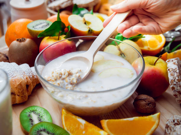 istock Beautiful breakfast. Milk,fruits, bread 910606558