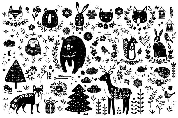 ilustrações de stock, clip art, desenhos animados e ícones de vector set of cute animals: fox, bear, rabbit, squirrel, wolf, hedgehog, owl, deer, cat, mouse, birds. collection of graphic elements: flowers, stars, clouds, arrows. - rabbit vector black composition