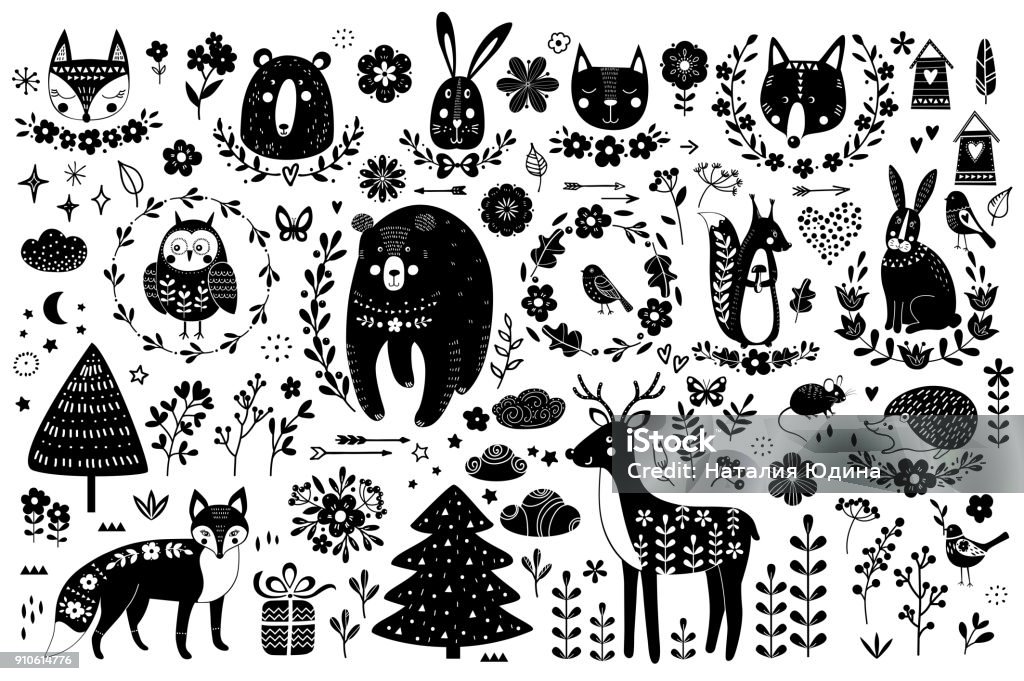 Vector set of cute animals: fox, bear, rabbit, squirrel, wolf, hedgehog, owl, deer, cat, mouse, birds. Collection of graphic elements: flowers, stars, clouds, arrows. Vector set of cute animals: fox, bear, rabbit, squirrel, wolf, hedgehog, owl, deer, cat, mouse, birds. Collection of graphic elements: flowers, stars, clouds, arrows, plants. Design elements for children's prints, greetings, posters, t-shirt, packaging, invites. In Silhouette stock vector