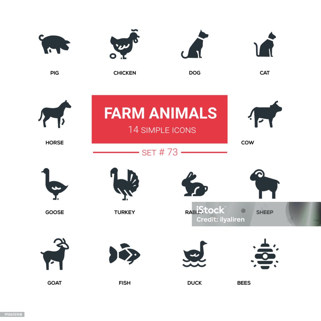 Animais da fazenda - conjunto de ícones de silhueta de desenho de linha - Vetor de Ícone de Computador royalty-free