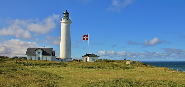Scene in north Jylland. Beautiful old lighthouse in Hirtshals, Denmark.
