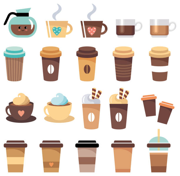 ilustrações, clipart, desenhos animados e ícones de conjunto de xícaras e copos com café - molécula de cafeína