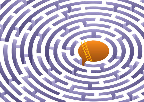 Circle Maze Challenging circle maze with solution escaping illustrations stock illustrations