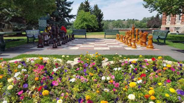juego de ajedrez al aire libre más grande del mundo y centro de la ciudad jardín - alberta medicine hat canada day fotografías e imágenes de stock