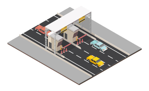 punkt kontrolny krajobrazu płatności izometrycznej opłaty drogowej. - security barrier stock illustrations