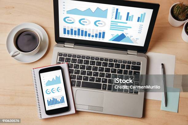 Graphs And Charts Elements On Laptop And Smartphone Screen Stock Photo - Download Image Now