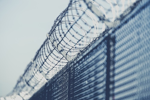 Restricted Area Barbed Fence Closeup Photo in Bluish Color Grading.