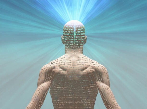 istock Man radiates light from text on his skin 910634334