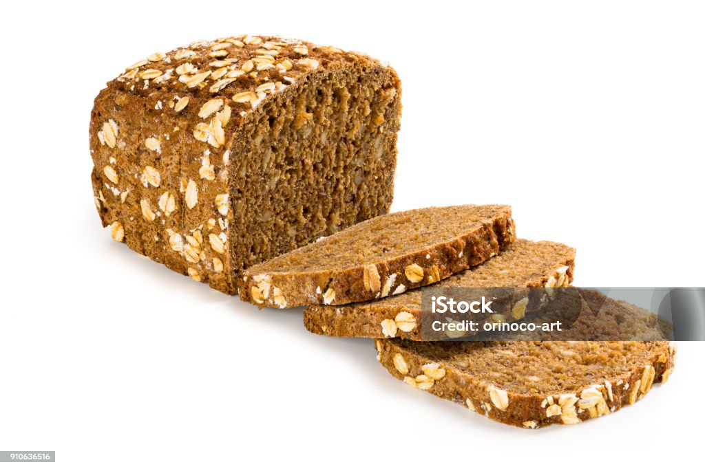 Whole grain black bread loaf cutted isolated on white background Whole grain black bread loaf ans partly cutted isolated on white background, front view, closeup Bread Stock Photo