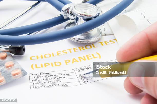 General Practitioner Checks Cholesterol Levels In Patient Test Results On Blood Lipids Statin Pills Stethoscope Cholesterol Test And Hand Of Doctor Pointing To Increasing Its Level In Concept Stock Photo - Download Image Now
