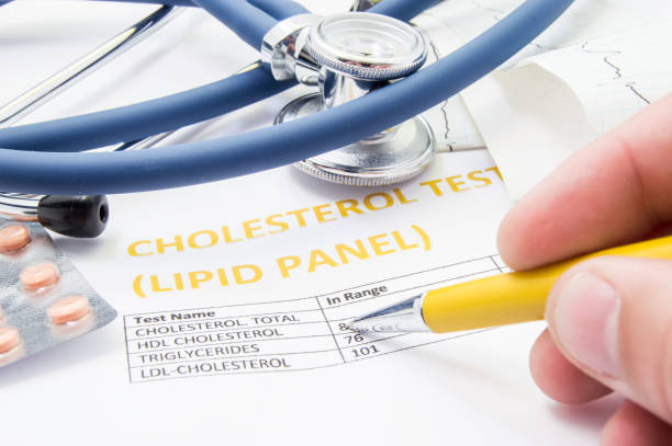 clínico geral verifica os níveis de colesterol em paciente teste resultados sobre lipídios do sangue. estatina comprimidos, estetoscópio, teste de colesterol e mão do médico, apontando para aumentar seu nível no conceito - colesterol - fotografias e filmes do acervo