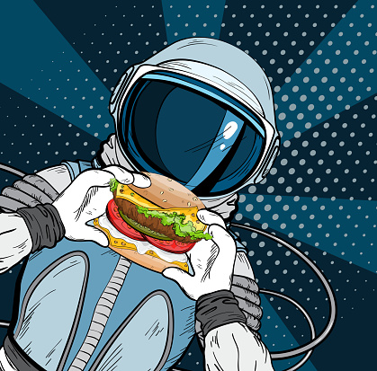 Astronaut with fast food hamburger in pop art style. Cosmonaut on blue background eating cheeseburger. Vector illustration