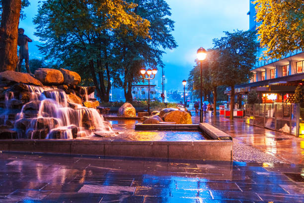 Scenic summer evening view of the city street in Bergen, Norway