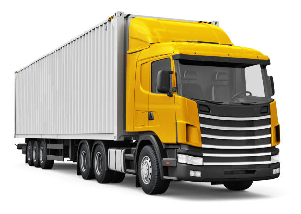 Semi-truck with 40 ft heavy cargo container stock photo