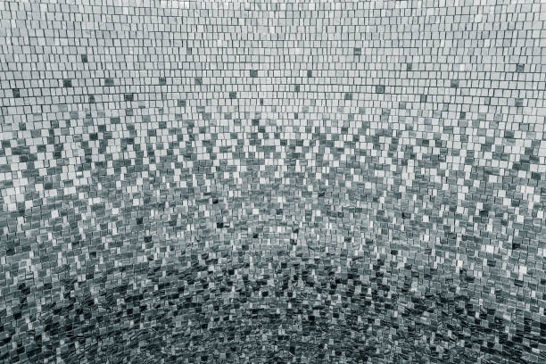 great detailed view of grey and black, natural monochrome textured mosaic ceramic tiles, interior wall decoration stock photo