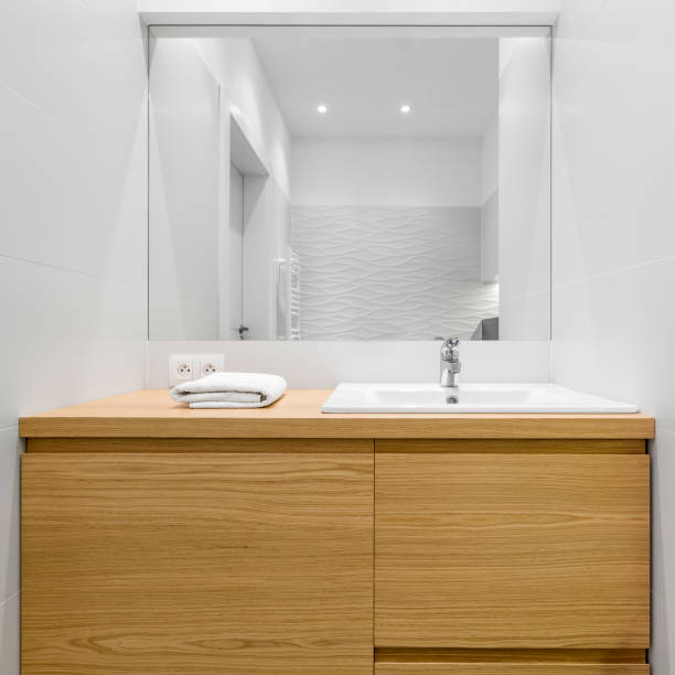 Big wooden drawers in bathroom
