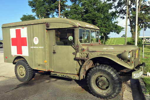 Brunswick, Georgia-June 15, 2016:  Antique MASH style Jeep ambulance from World War II and the Korean War.