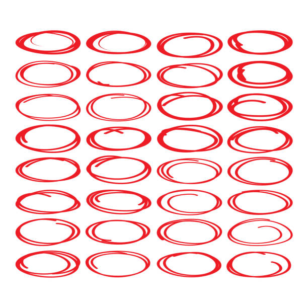 duża kolekcja czerwonego owalu, okrąg podświetlenia, czerwone pióro narysowane znaki, czerwony kształt koła zestaw. - pencil pen felt tip pen writing stock illustrations