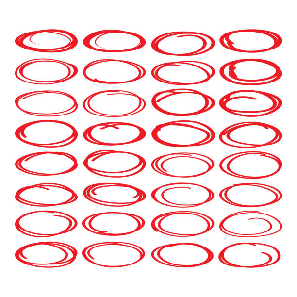 ilustrações de stock, clip art, desenhos animados e ícones de large collection of red oval, highlight circle, red pen drawn marks, red circle shape set. - office supply group of objects pencil highlighter