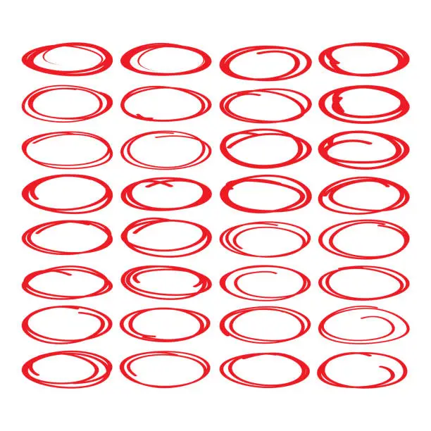 Vector illustration of Large collection of red oval, highlight circle, red pen drawn marks, red circle shape set.