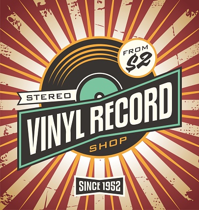 Vinyl record shop retro sign design. Promotional poster idea for music record store. Vintage music vector ad template.