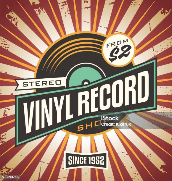 Vinyl Record Shop Retro Sign Design Stock Illustration - Download Image Now - Backgrounds, Rock Music, Retro Style