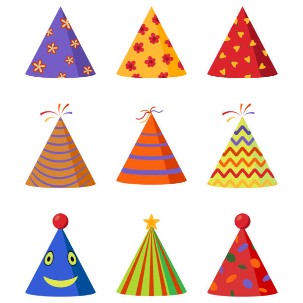 ilustrações de stock, clip art, desenhos animados e ícones de colorful caps set. party hat cone collection. accessory, symbol of the holiday. birthday . vector illustration. - party hat birthday confetti streamer