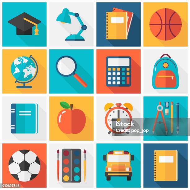 School Icons Flat Square Vector Set Stock Illustration - Download Image Now - Icon Symbol, Flat Design, School Bus