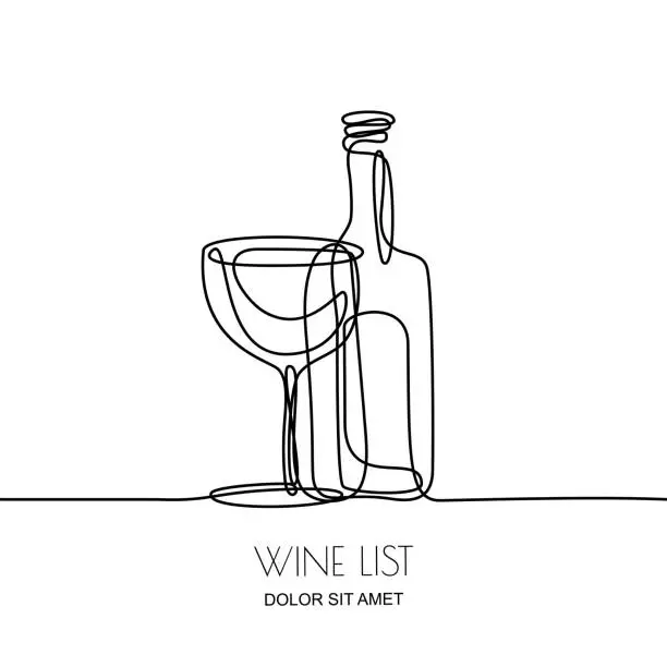 Vector illustration of Continuous line drawing. Vector linear black illustration of wine bottle and glass isolated on white background.