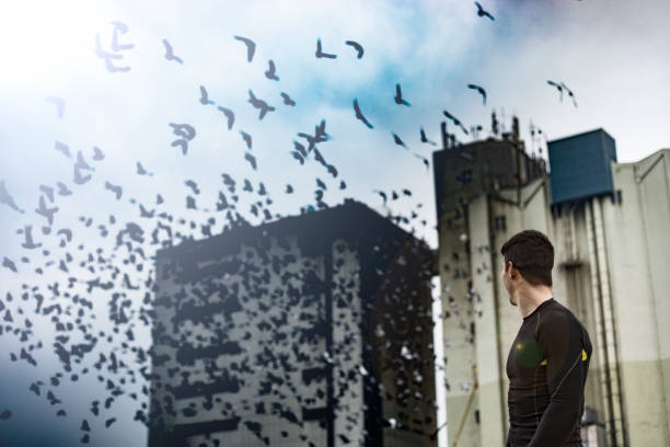 istock Young Man Looking at Flock of Birds Flying over his Head 910701348
