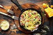 Traditional italian dish spaghetti carbonara with bacon in a cream sauce