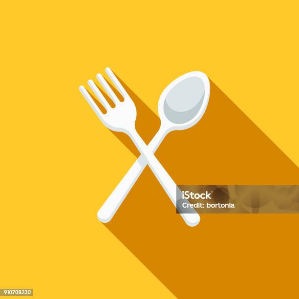 Cutlery Flat Design Bbq Icon With Side Shadow Stock Illustration - Download Image Now - Fork, Spoon, Icon Symbol