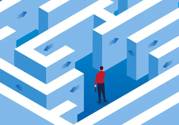 Vector illustration of Businessman trapped in a maze