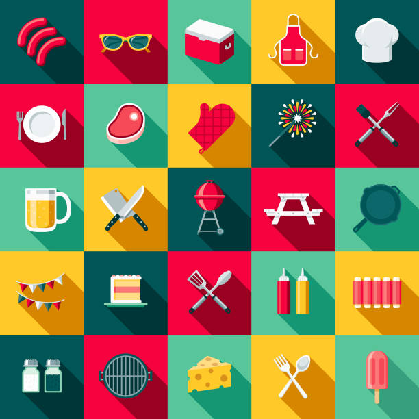 BBQ Flat Design Icon Set with Side Shadow A set of flat design styled barbecue icons with a long side shadow. Color swatches are global so it’s easy to edit and change the colors. meat clipart stock illustrations